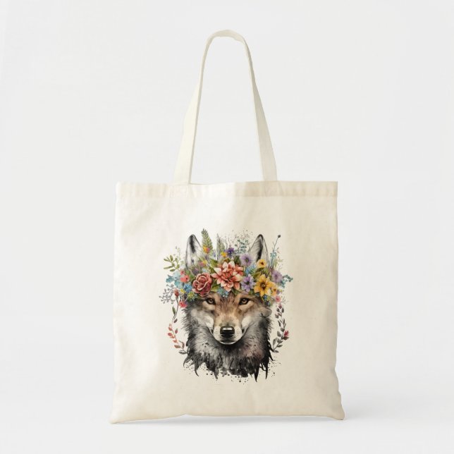 Tote Bag Aquarelle Floral Wolf (Devant)