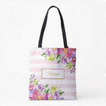 Aquarelle florale chic rayures rose et blanche