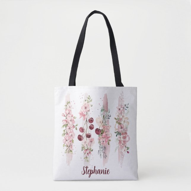 Tote Bag Aquarelle florale de cerisier, Ajouter un nom (Devant)