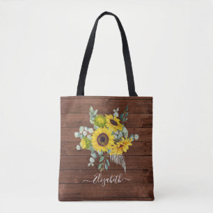 Tote Bag Aquarelle florale de tournesol en bois rustique