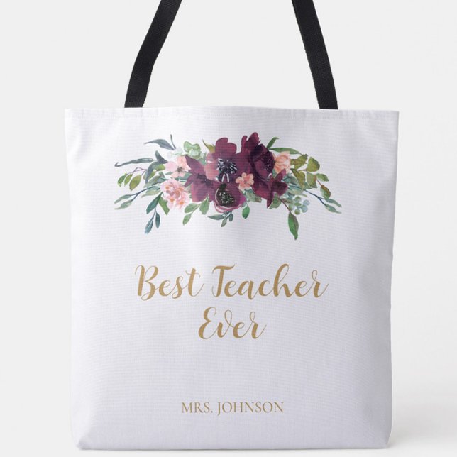 Tote Bag Aquarelle Florale meilleur enseignant jamais (Watercolor Floral Best Teacher Ever Personalized Tote Bag - a classic gift for your child's teacher)