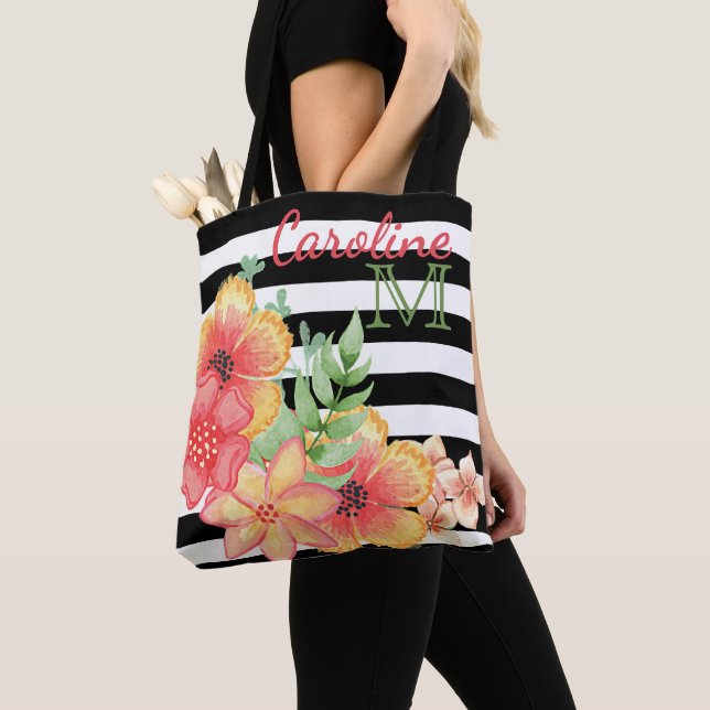 Tote Bag Aquarelle florale personnalisée Blancs noirs (De près)