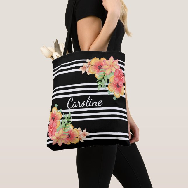 Tote Bag Aquarelle florale personnalisée sur fond rayé noir (De près)