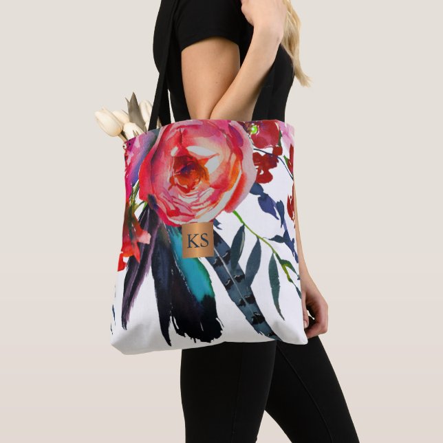 Tote Bag Aquarelle gros pivoines cuivre métallique monogram (De près)