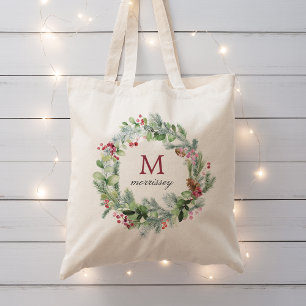Tote Bag Aquarelle Hiver Verdure Wreath Monogramme
