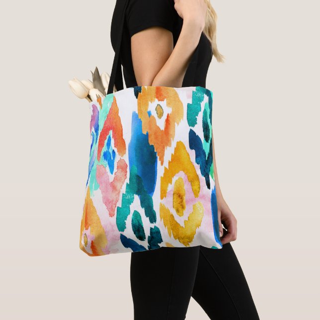 Tote Bag Aquarelle jaune bleu moderne Abstrait Ikat| (De près)