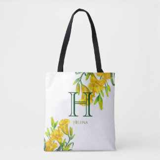 Tote Bag Aquarelle Jaune Lys Jaune Monogramme Floral