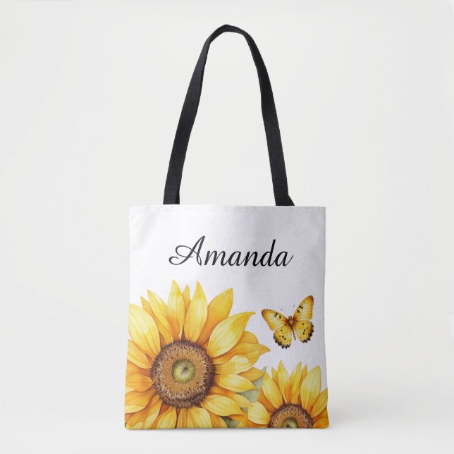 Tote Bag Aquarelle Jaune Nom du script personnalisé Sunflow (Devant)