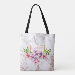 Tote Bag Aquarelle Magnolias, Faux Marble Texture personnal