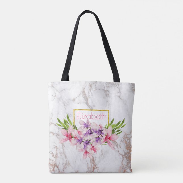 Tote Bag Aquarelle Magnolias, Faux Marble Texture personnal (Dos)
