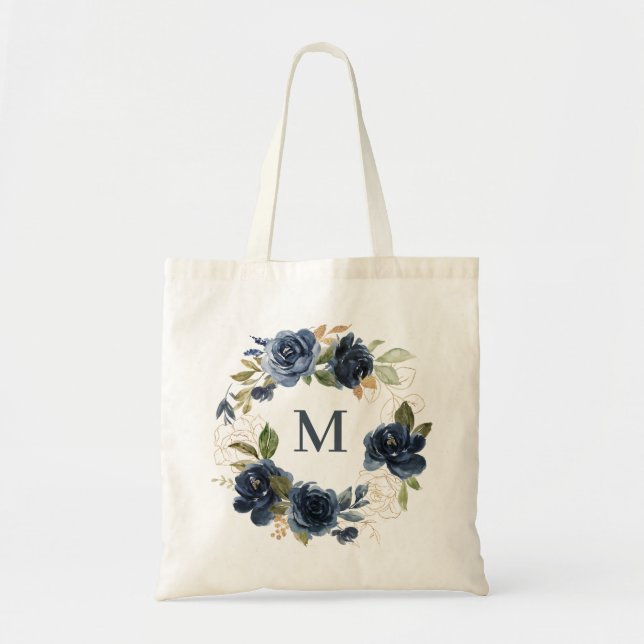 Tote Bag Aquarelle Marine Bleu Roses Floral Wreath Monogram (Devant)