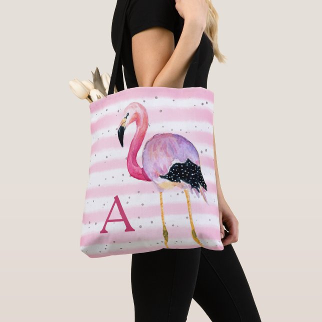 Tote Bag Aquarelle mignonne Flamant rose Monogramme Bande r (De près)