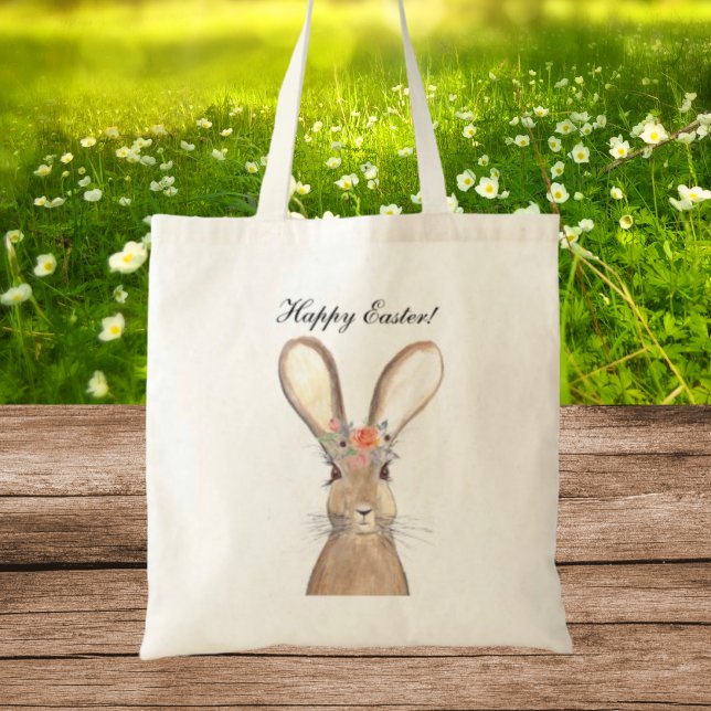 Tote Bag Aquarelle mignonne Lapin Lapin Lièvre Pâques Flora (Créateur téléchargé)