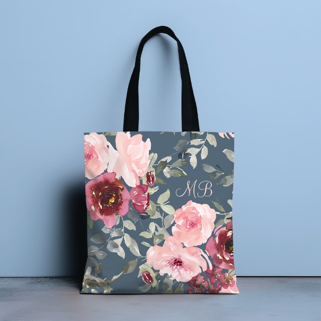 Tote Bag Aquarelle moderne chic rose bordeaux Nom floral (Créateur téléchargé)
