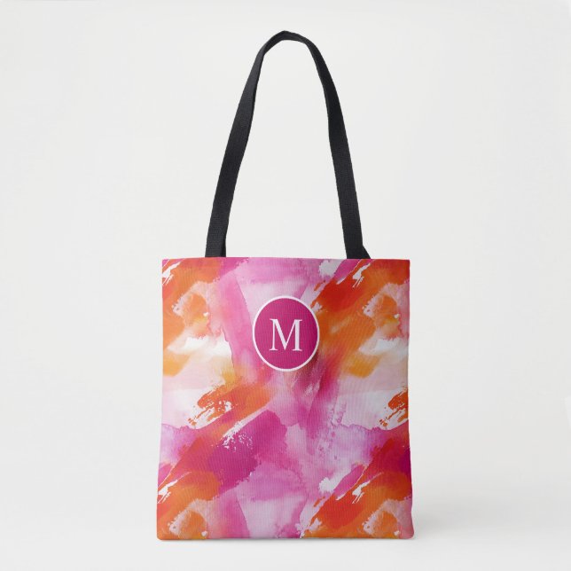 Tote Bag Aquarelle Monogram Orange Rose Abstrait (Devant)