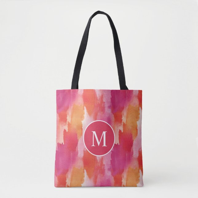 Tote Bag Aquarelle Monogram Orange Rose Abstrait (Devant)