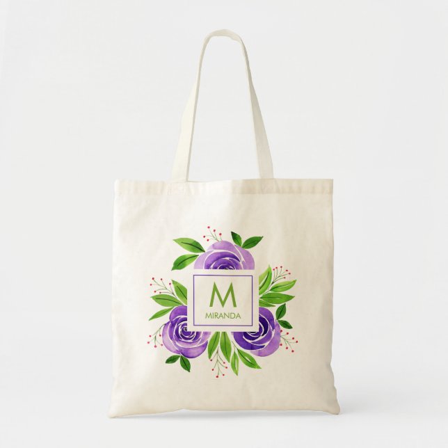 Tote Bag Aquarelle Monogramme Floral pourpre (Devant)
