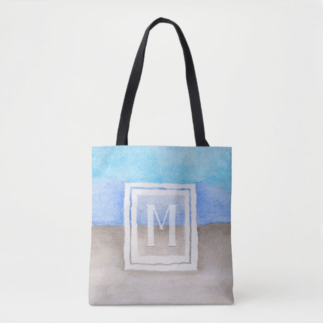 Tote Bag Aquarelle Monogramme mer et sable bleu et bronze (Devant)