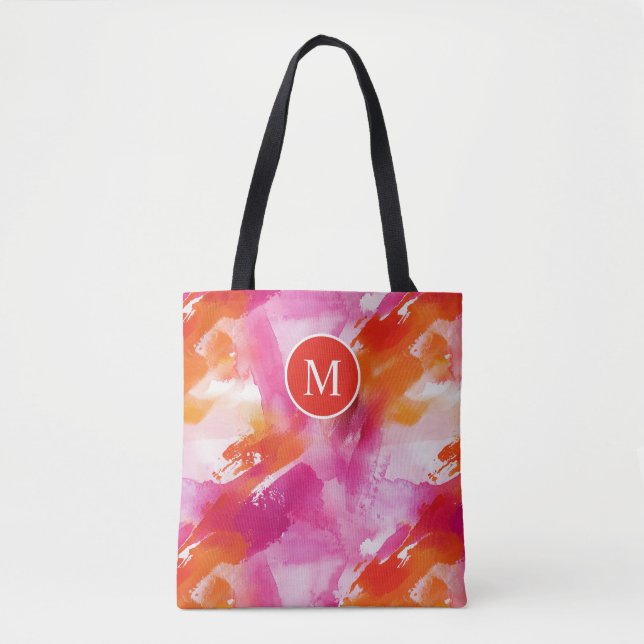 Tote Bag Aquarelle Monogramme Orange Rose Abstrait (Devant)
