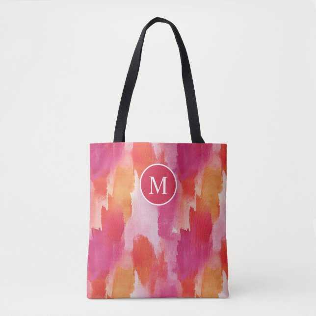 Tote Bag Aquarelle Monogramme Orange Rose Abstrait (Devant)