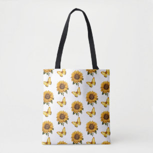 Tote Bag Aquarelle Motif de tournesol à papillon jaune