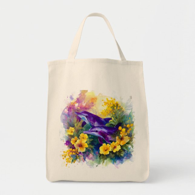 Tote Bag Aquarelle Océan Dauphins Fleurs Tropicales (Devant)