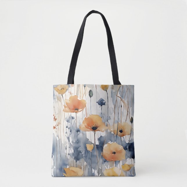 Tote Bag Aquarelle Orange Fleurs Blue Indigo Design 347 (Devant)