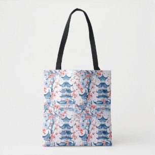 Tote Bag Aquarelle Pagode chinoise avec fleurs de cerisiers