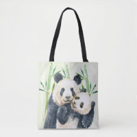 Aquarelle Panda Ours Maman & Bébé en Bambou
