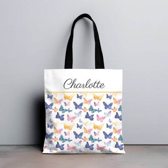Tote Bag Aquarelle papillon Couleur Motif coloré Nom person (Créateur téléchargé)