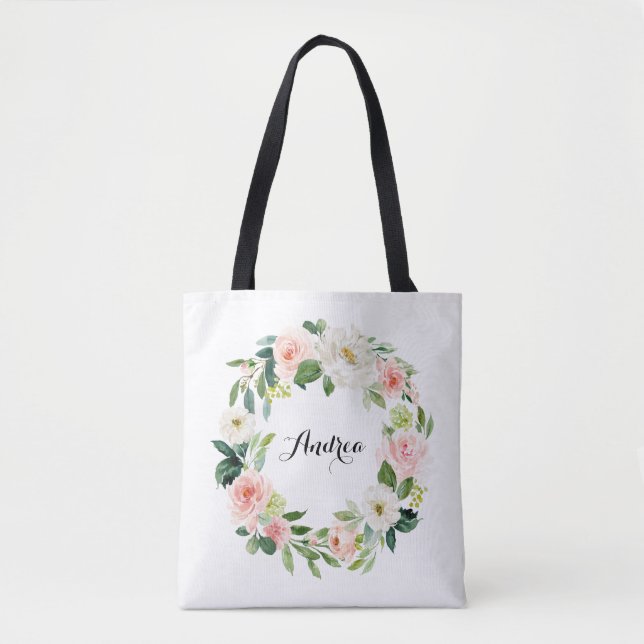 Tote Bag Aquarelle Pastel Roses Floral Wreath Bridesmaid (Devant)