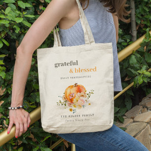 Tote Bag Aquarelle Pastel Soft Floral Citrouille Thanksgivi