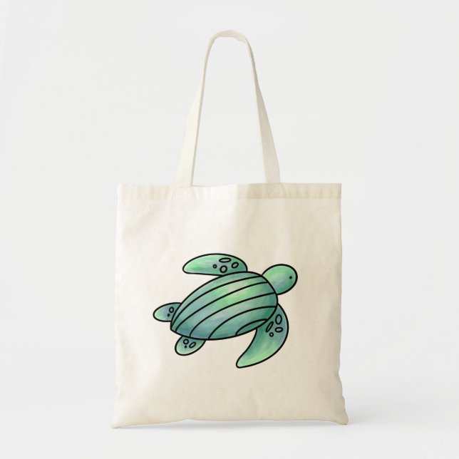 Tote Bag aquarelle peinte caricature de tortue de mer bleu  (Devant)
