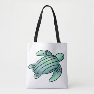 Tote Bag aquarelle peinte caricature de tortue de mer bleu 