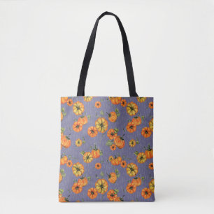 Tote Bag Aquarelle Peinte Citrouilles d'Automne Orange/Viol