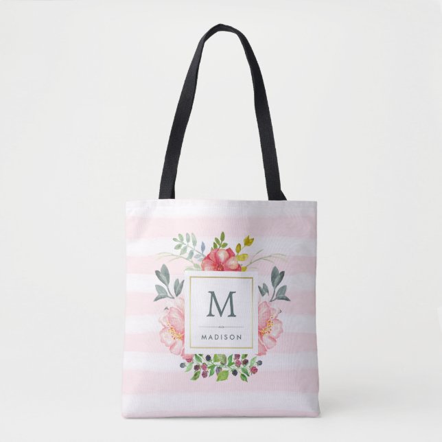 Tote Bag Aquarelle Peony Flowers avec Monogramme et rayures (Devant)