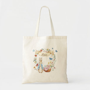 Tote Bag Aquarelle personnalisée Lapin de Pâques et fleurs
