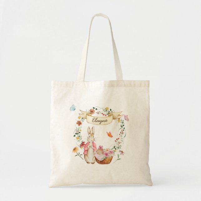 Tote Bag Aquarelle personnalisée Lapin de Pâques et fleurs (Devant)