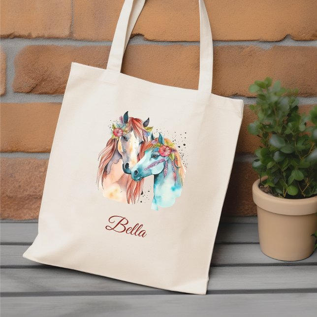Tote Bag Aquarelle personnalisée nom cheval amoureux cadeau (Créateur téléchargé)