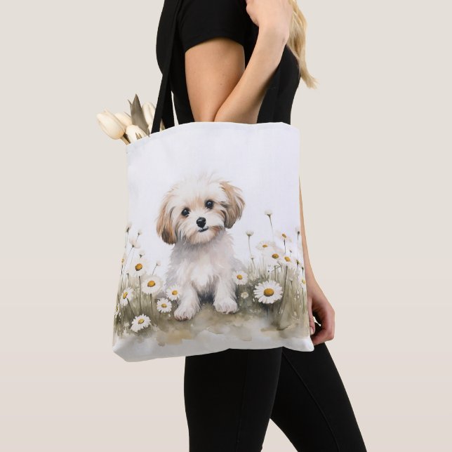 Tote Bag Aquarelle Poodle Chien Dans Les Marguerites (De près)