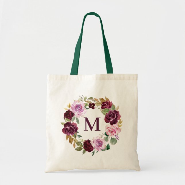 Tote Bag Aquarelle romantique Plum Floral Wreath Monogramme (Devant)