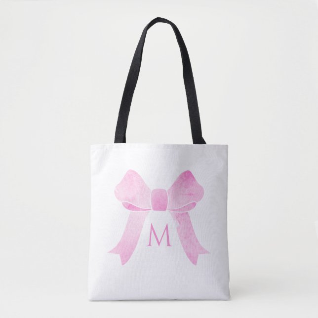Tote Bag Aquarelle rose Bow Girl Monogramme (Devant)
