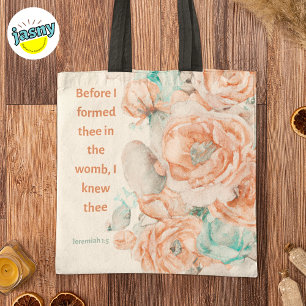 Tote Bag Aquarelle Rose Écriture chrétienne Jérémie 1:5
