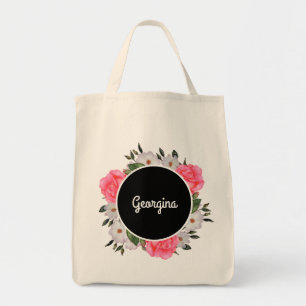 Tote Bag Aquarelle rose et blanc Roses Cercle Wreath