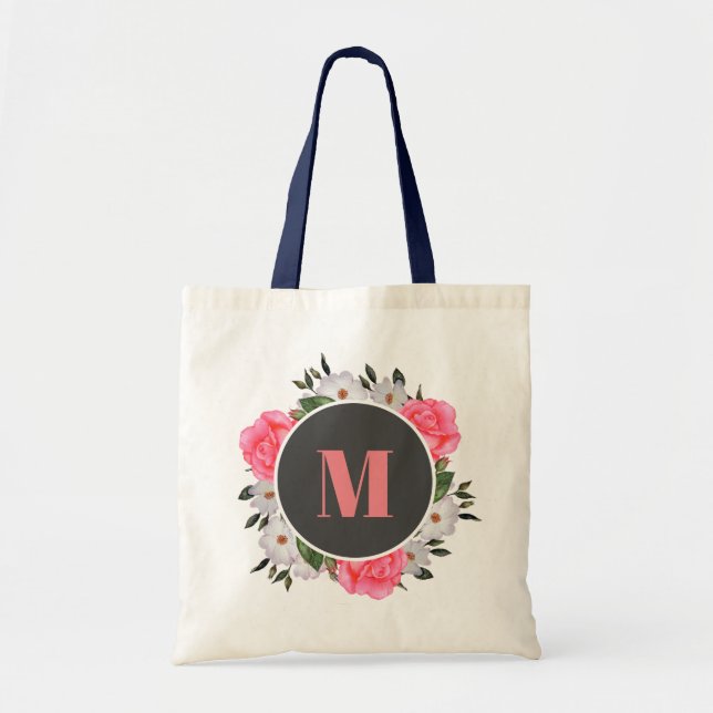 Tote Bag Aquarelle rose et blanc Roses Cercle Wreath (Devant)
