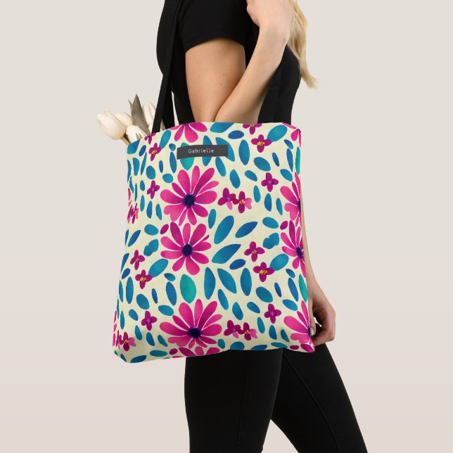 Tote Bag Aquarelle rose et bleu motif floral (De près)