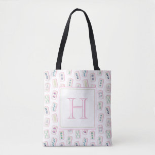 Tote Bag Aquarelle rose et vert Mahjong Tiles Monogramme