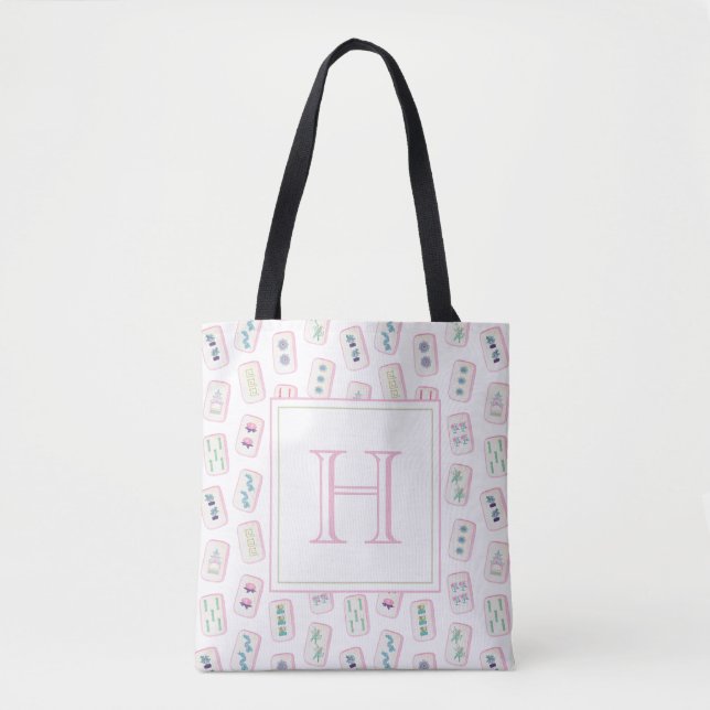 Tote Bag Aquarelle rose et vert Mahjong Tiles Monogramme (Devant)