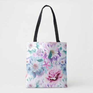 Tote Bag Aquarelle rose, fleurs bleues.