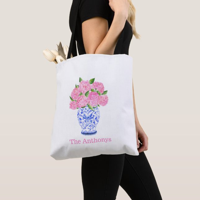 Tote Bag Aquarelle rose Hydrangée Chinoiserie Nom (De près)